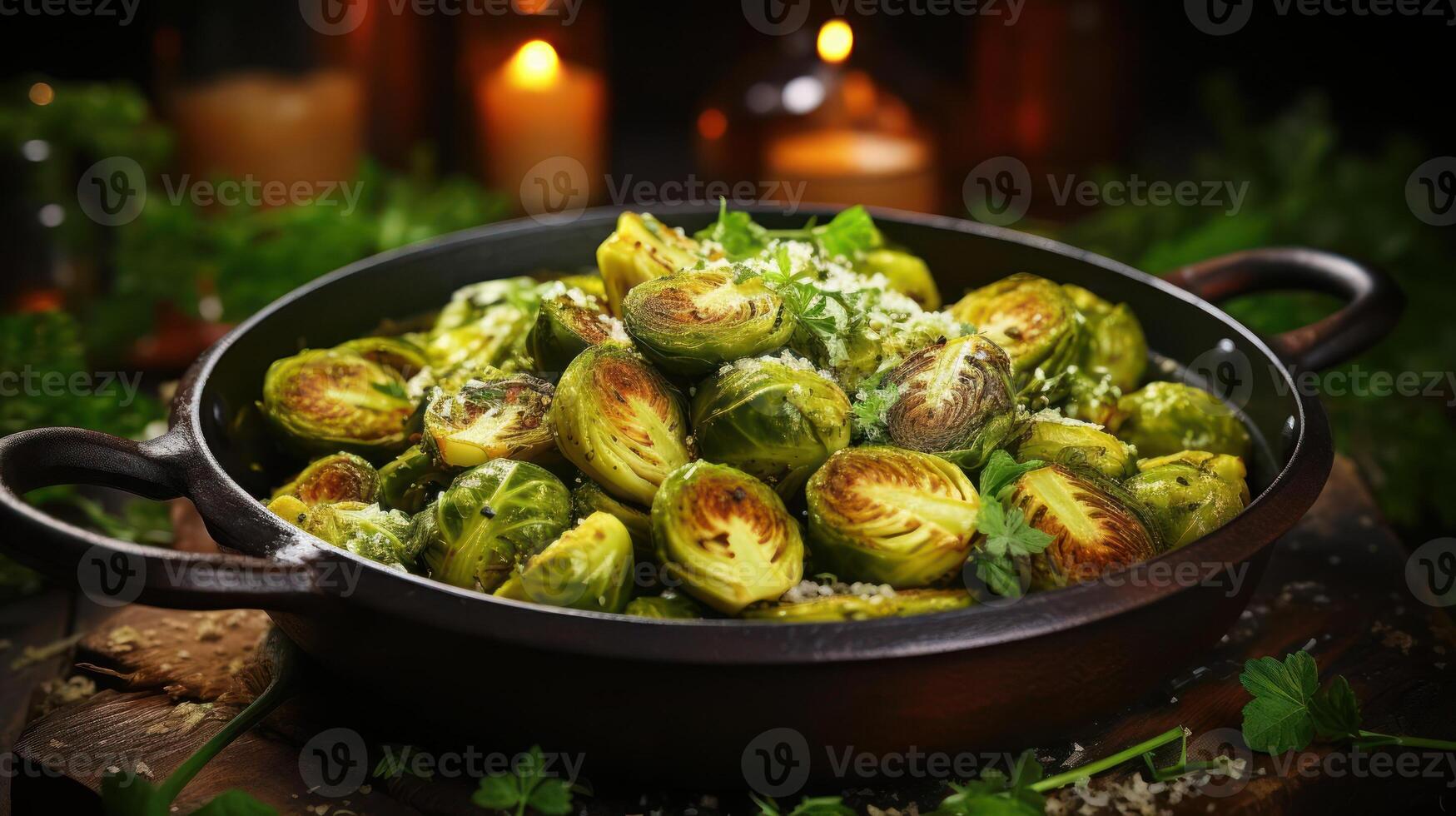 A pan of Brussels sprouts is a delicious and easy-to-make side dish that can be enjoyed by people of all ages. photo