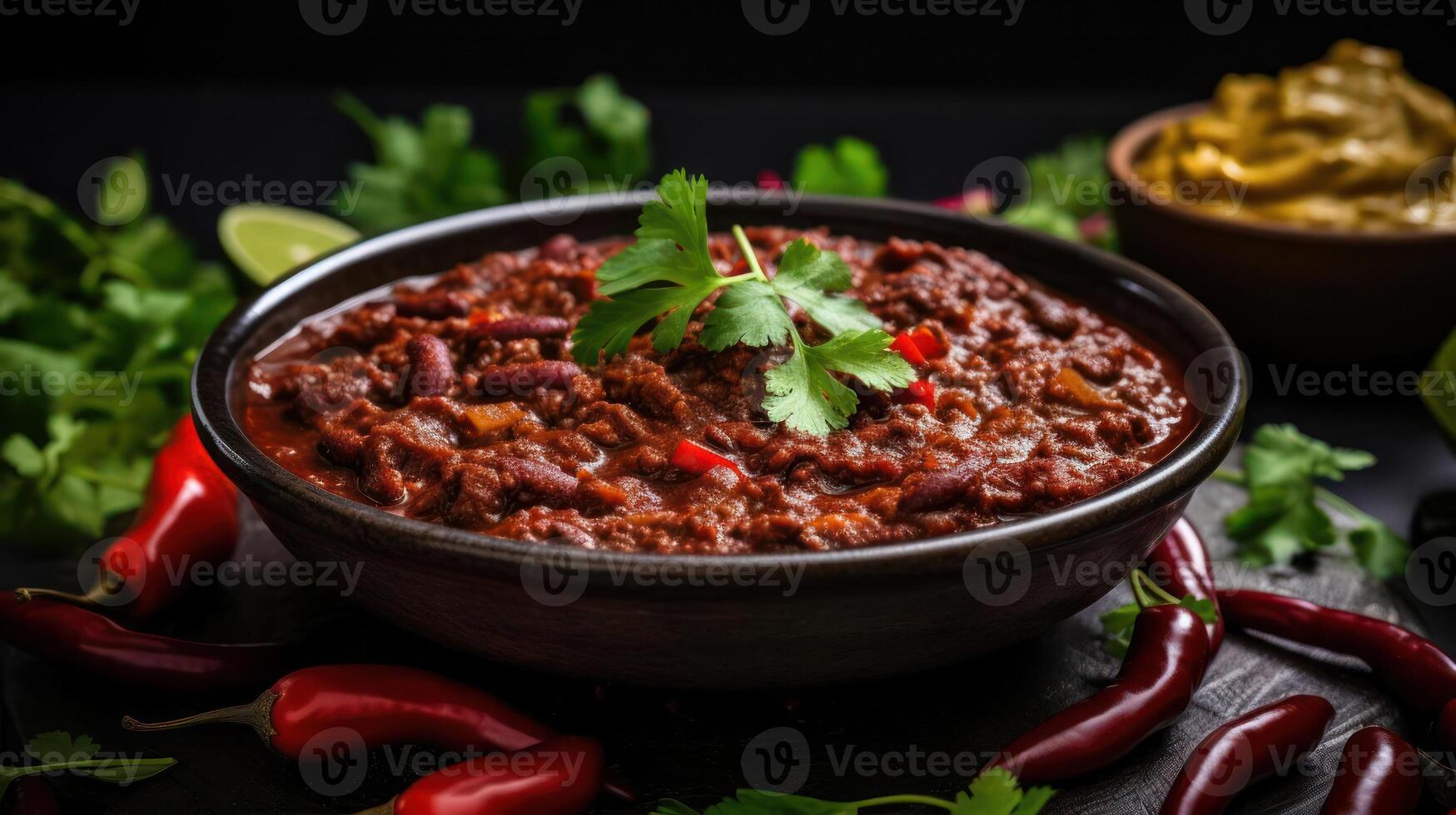 A bowl of chili with a garnish of cilantro and red peppers photo