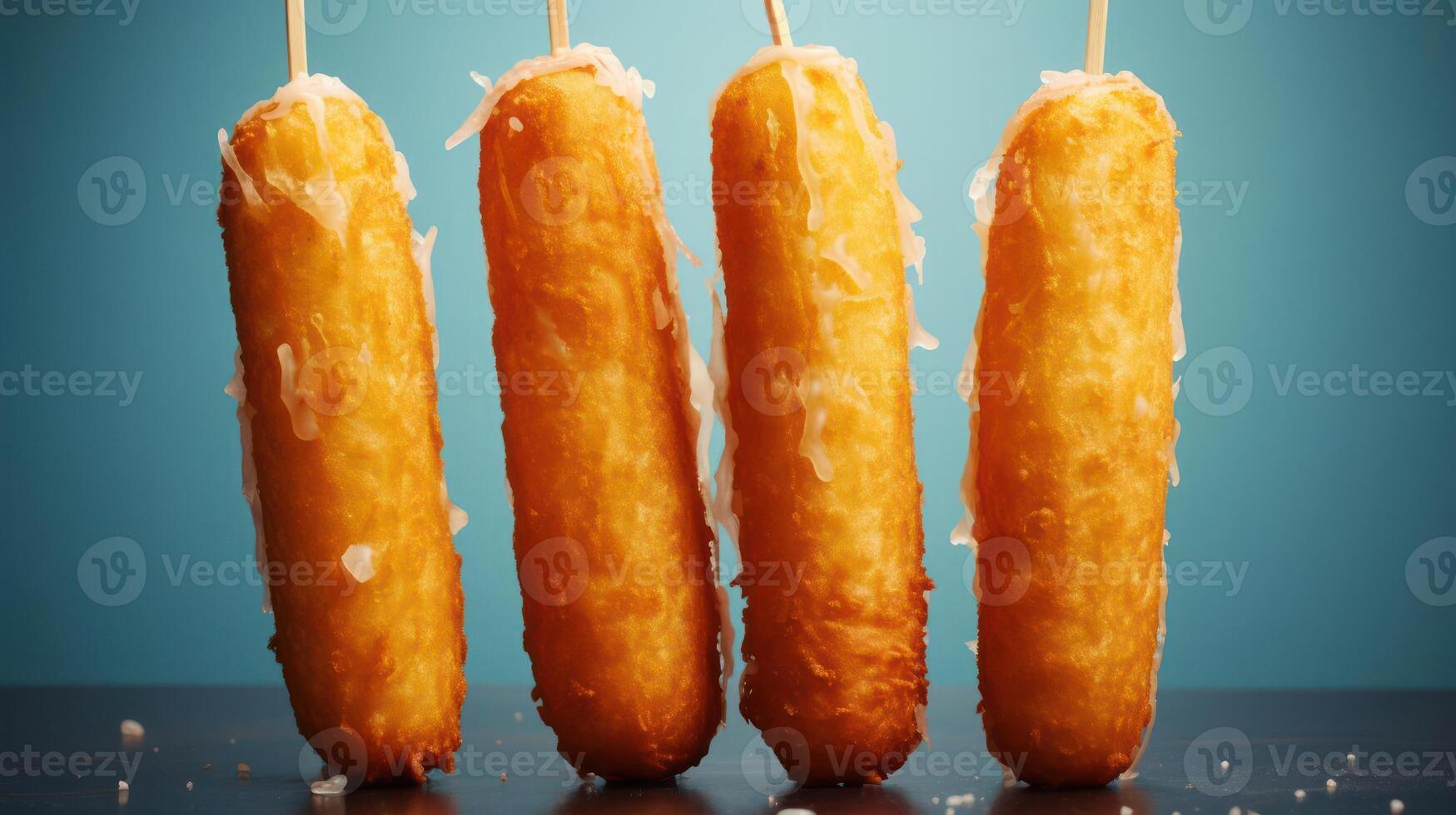 Five golden brown corn dogs with melted cheese on top and a side of ketchup and mustard. photo