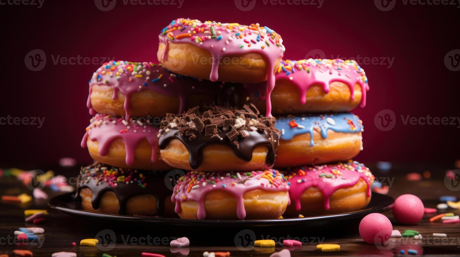 A stack of colorful donuts with various toppings and sprinkles photo