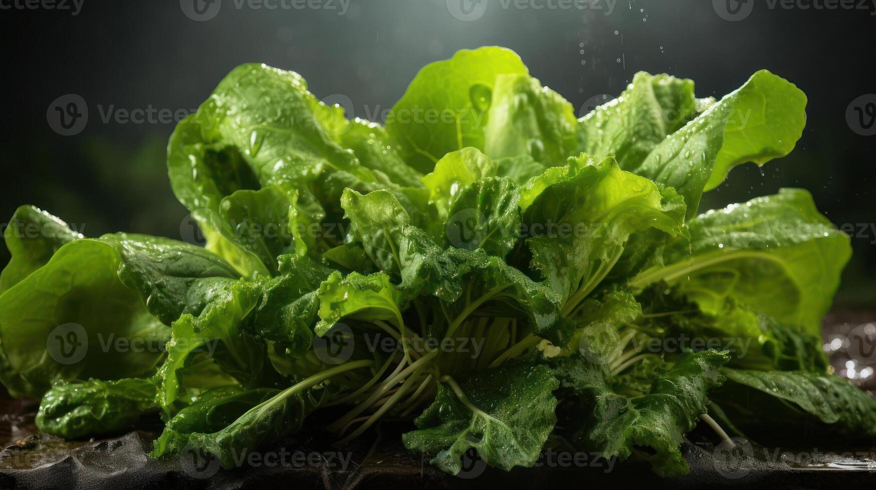 A close-up photograph of a head of lettuce with water droplets on its leaves, set against a dark background. photo
