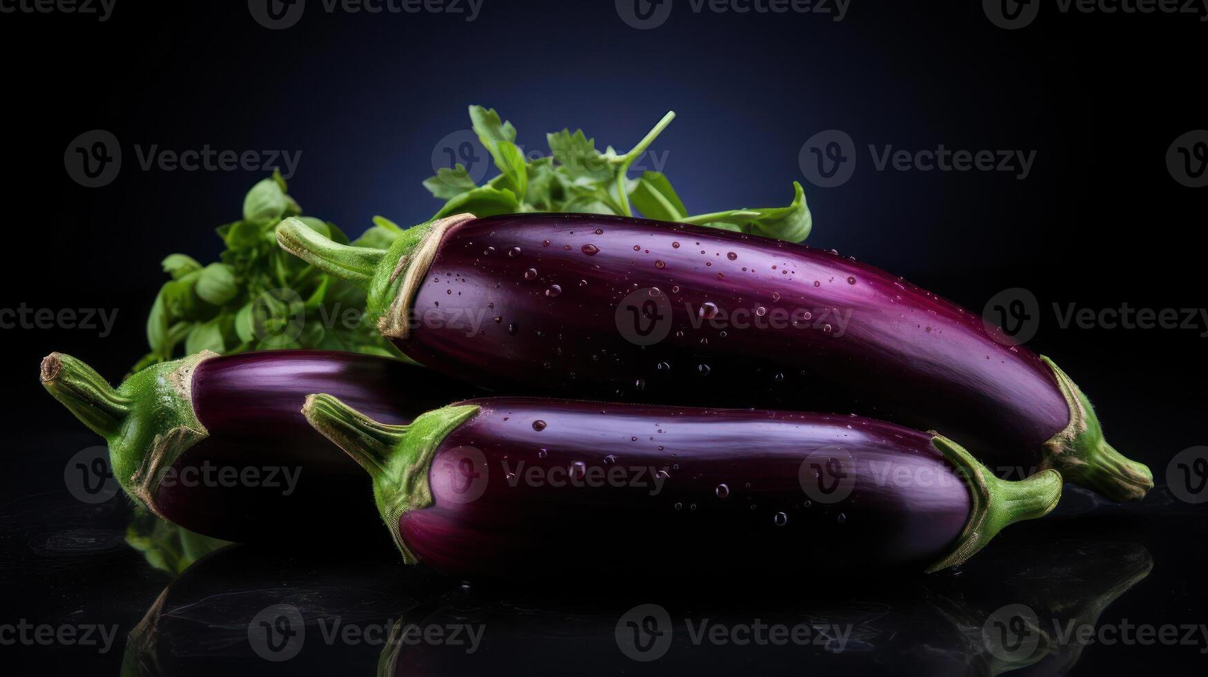 Three eggplants and a sprig of basil. photo
