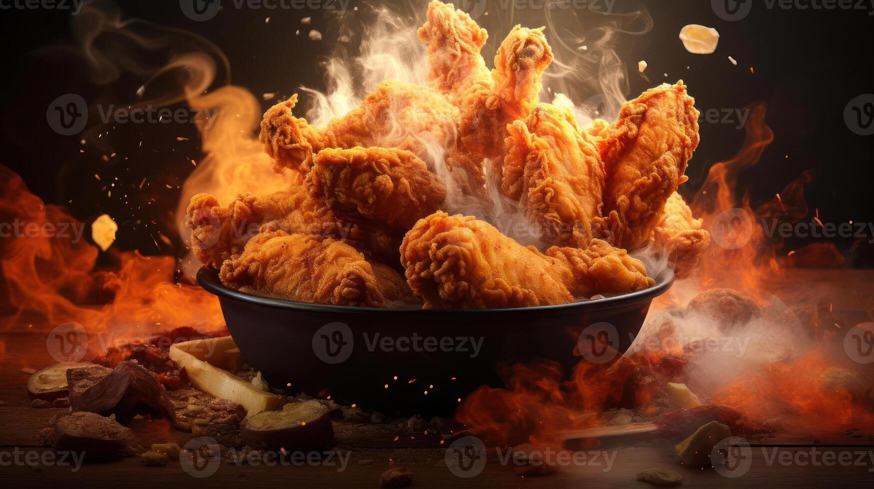 A bowl of fried chicken is engulfed in flames and smoke, with pieces flying out of it. photo
