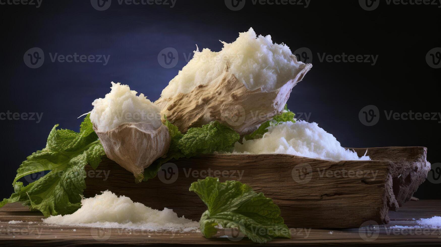 A pile of white sugar with a few green mint leaves scattered around it photo