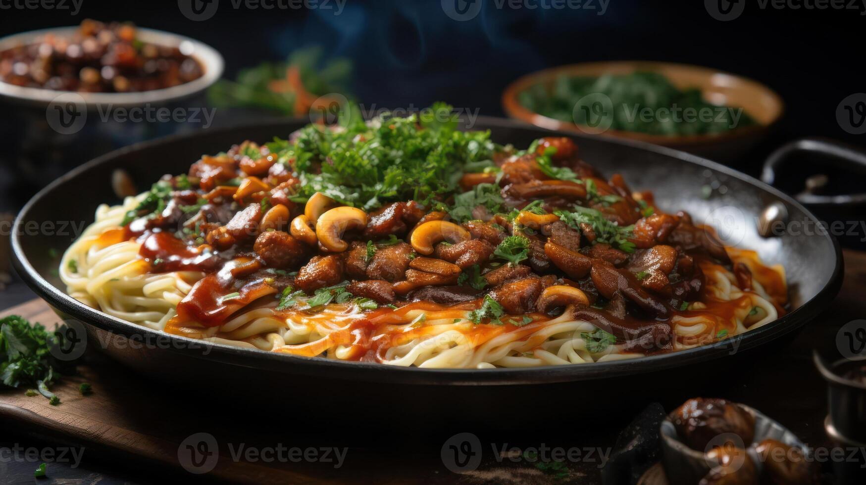 A large pan of noodles topped with a savory sauce and garnished with herbs. photo