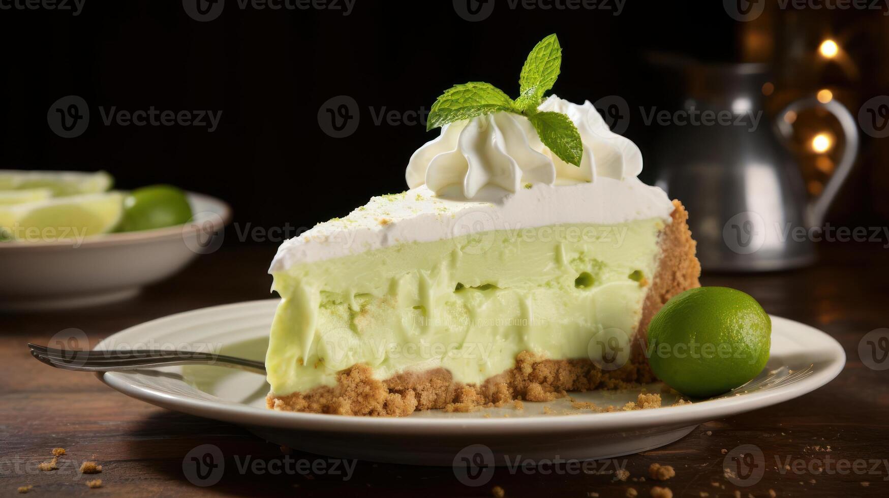 A slice of key lime pie on a white plate with a fork resting on it. The pie is garnished with whipped cream and a sprinkle of lime zest. photo