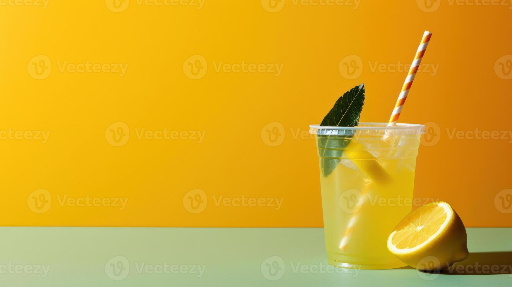 A glass of lemonade with a straw and a slice of lemon on the side. photo