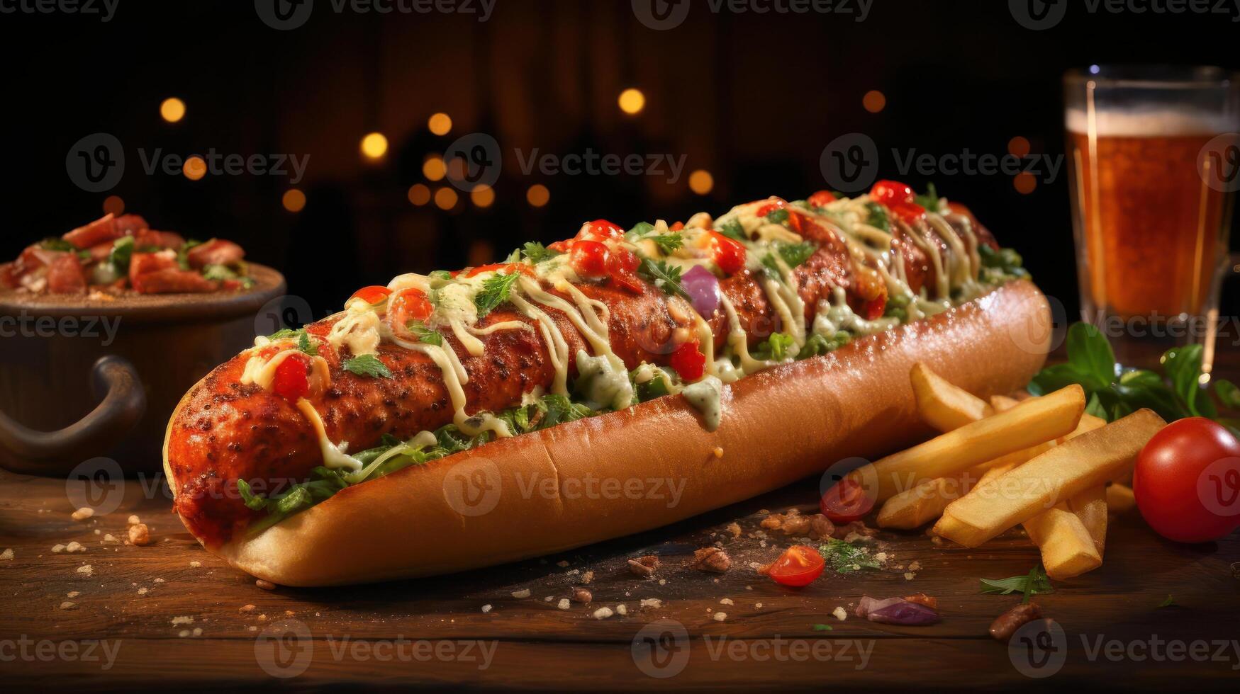 A hot dog topped with various toppings and served on a bun. photo