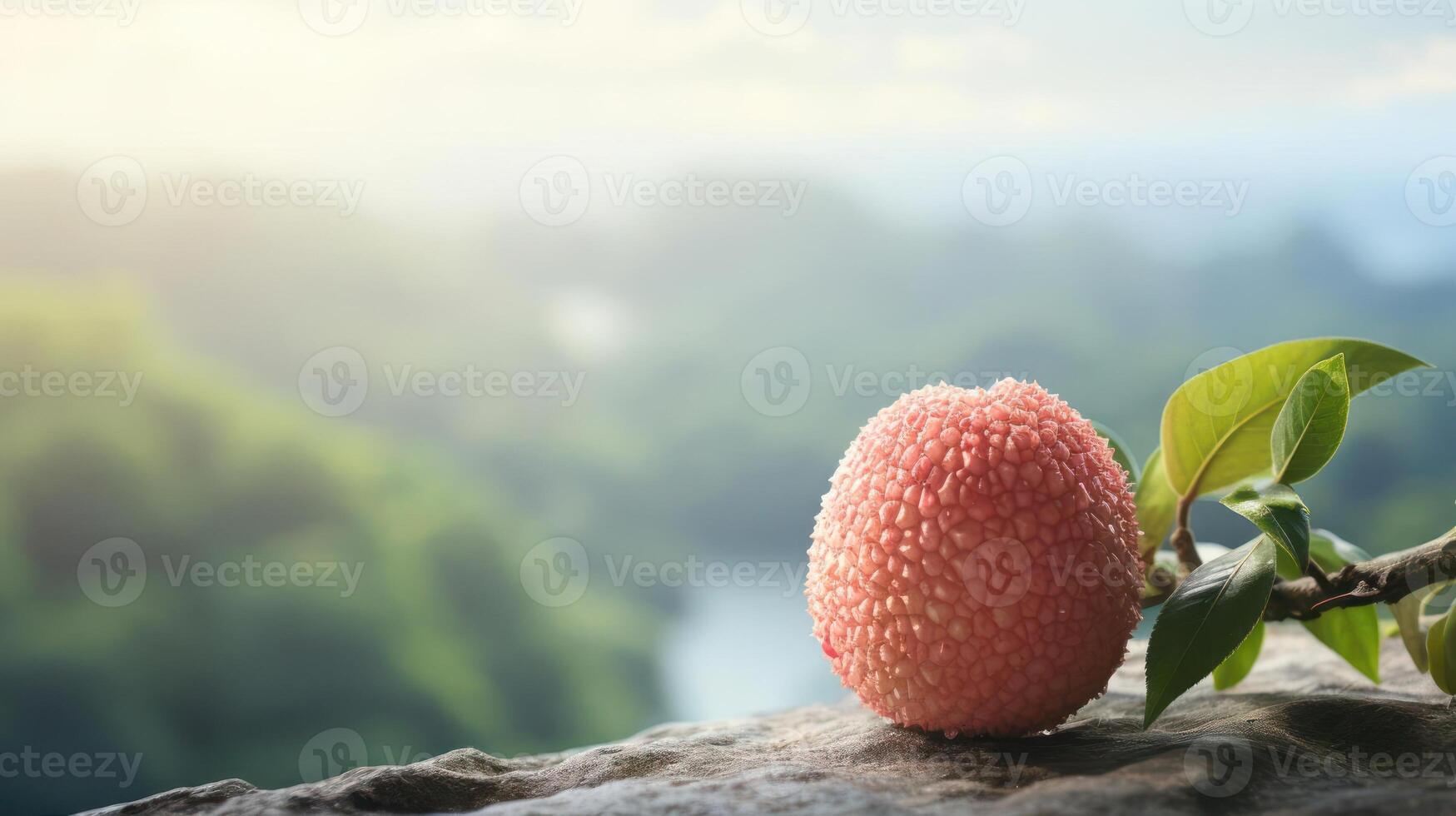 A lychee fruit on a tree branch with green leaves and a blurred background of trees and sky. photo