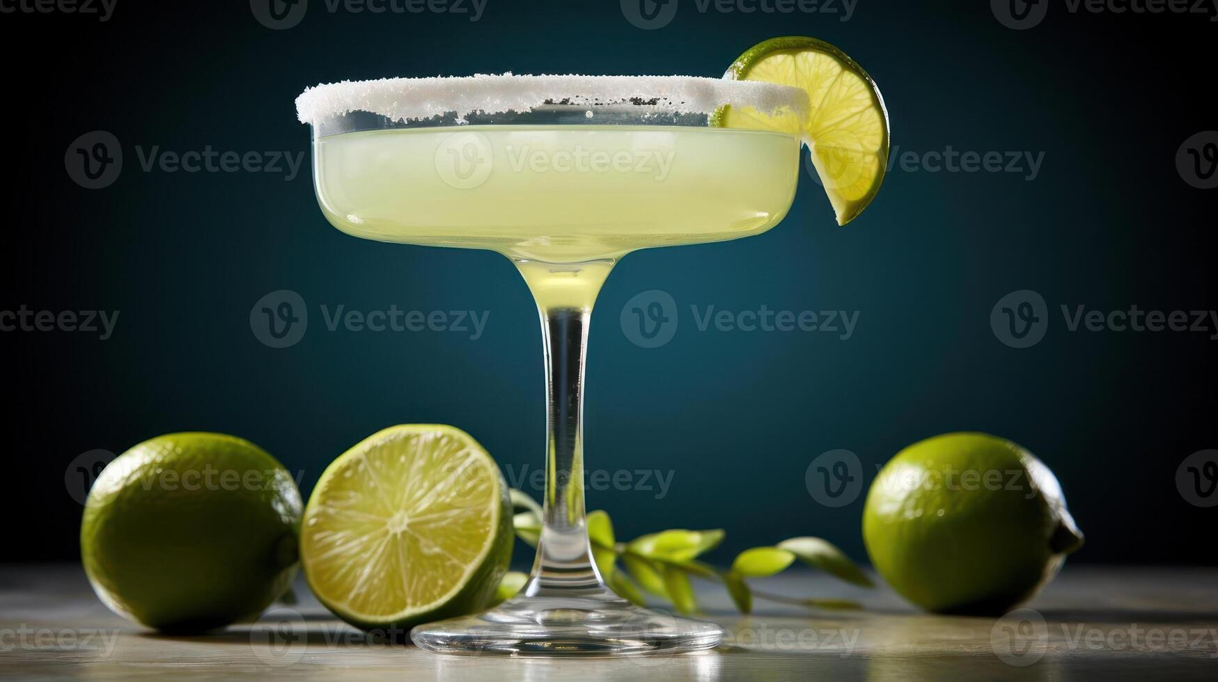 A margarita cocktail in a salt-rimmed glass, garnished with a lime wedge and surrounded by fresh limes photo