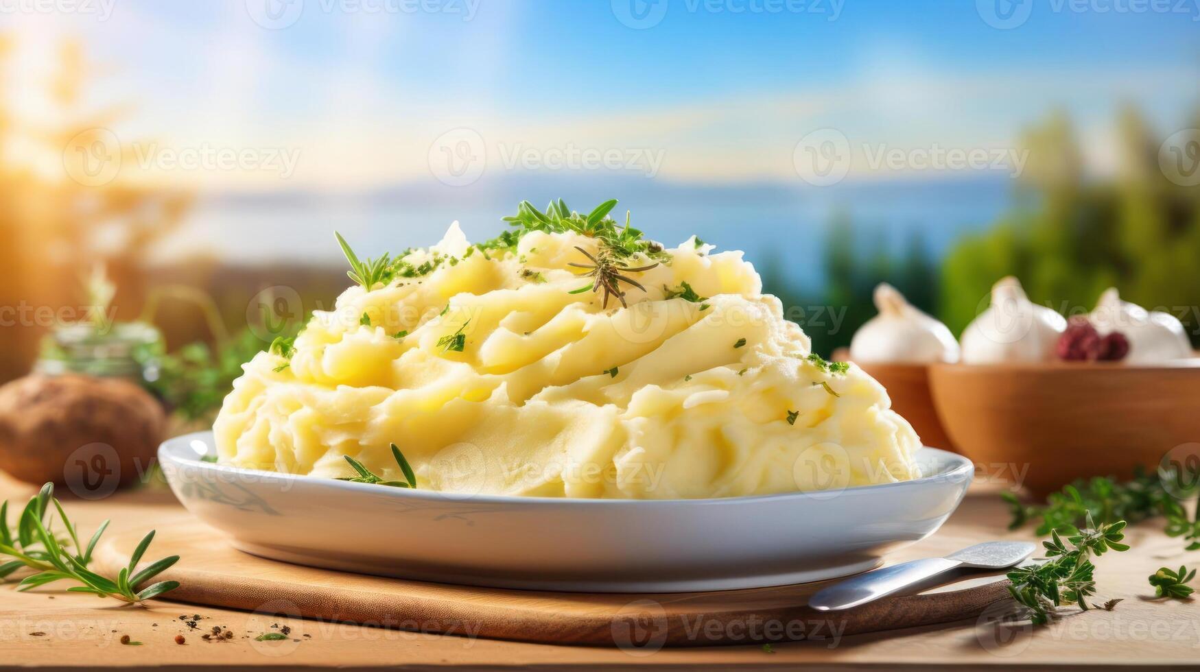 A bowl of mashed potatoes with herbs on top photo