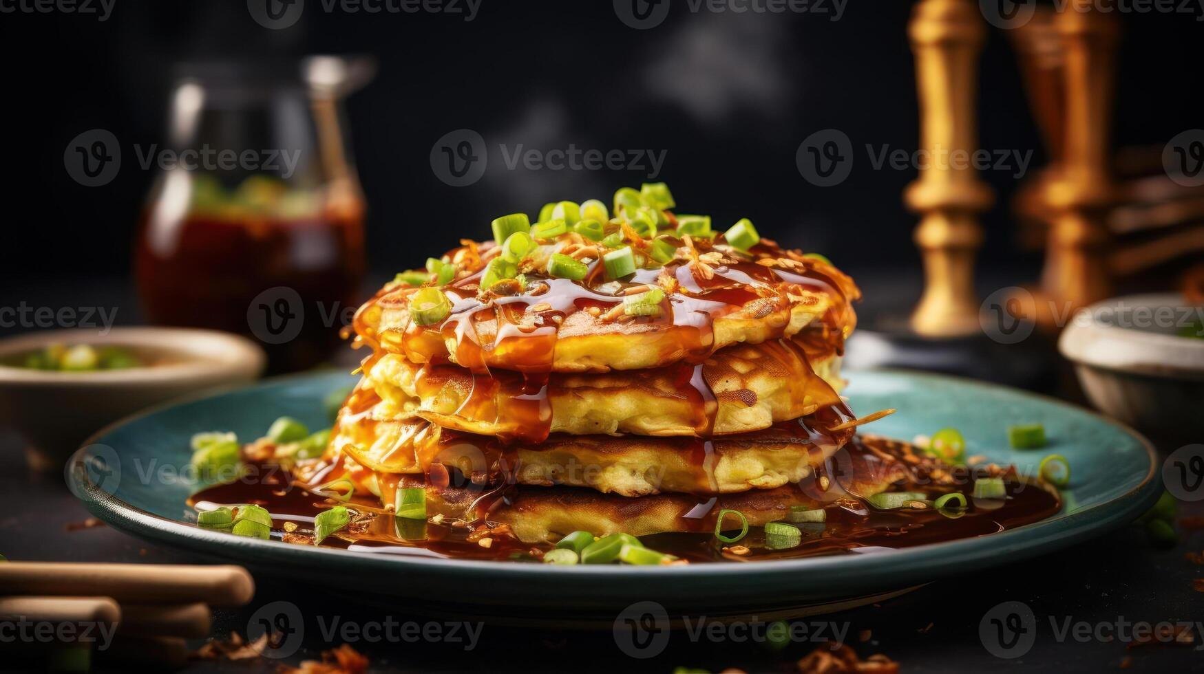 A stack of pancakes with syrup and green onions on top photo