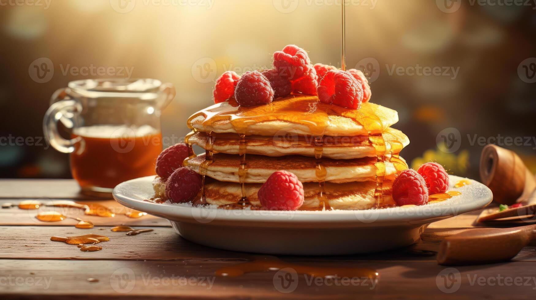 A stack of pancakes topped with fresh raspberries and drizzled with a golden syrup, served on a rustic wooden plate photo