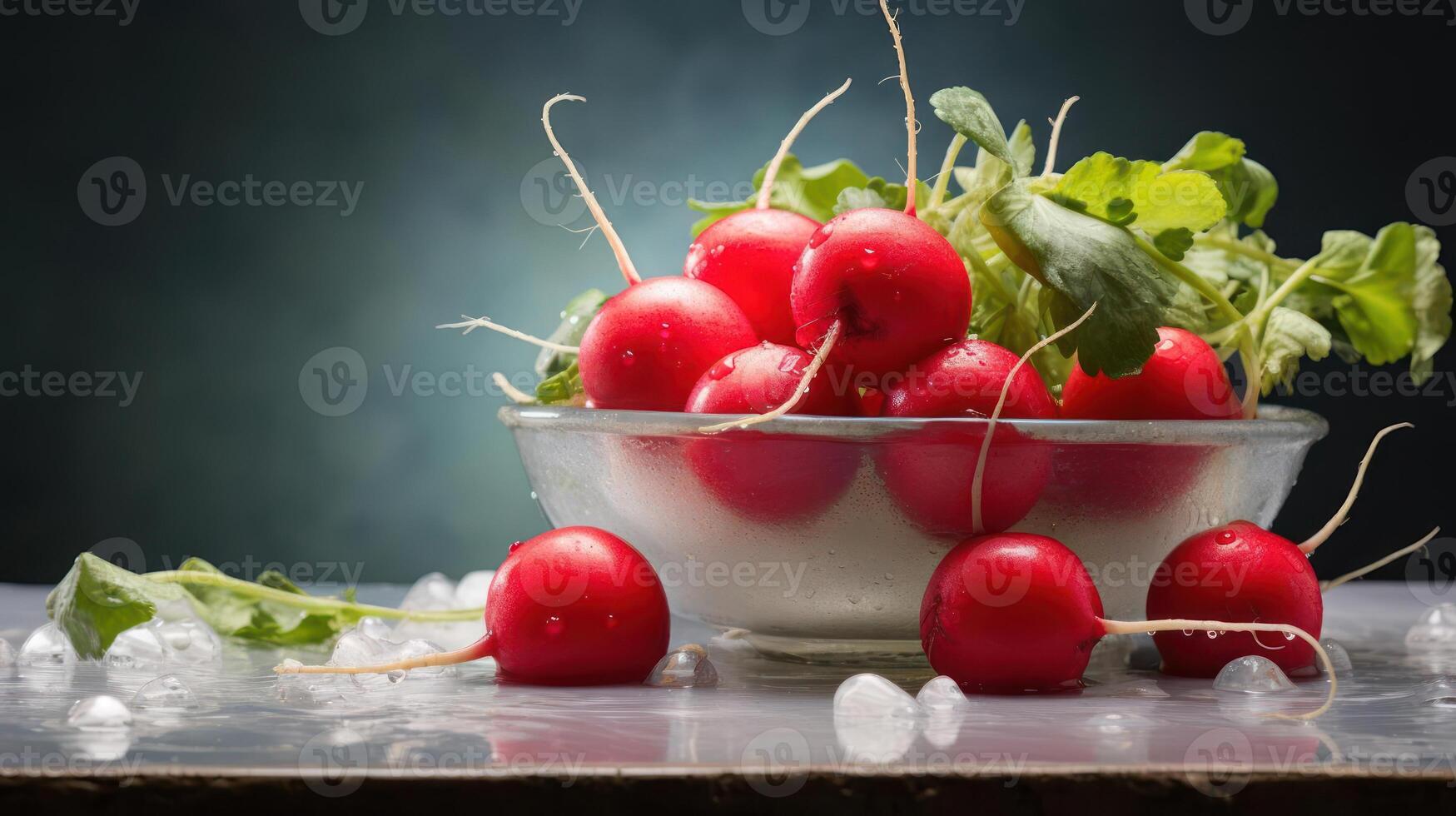 A bowl of radishes with leaves on top, sitting on a table. photo