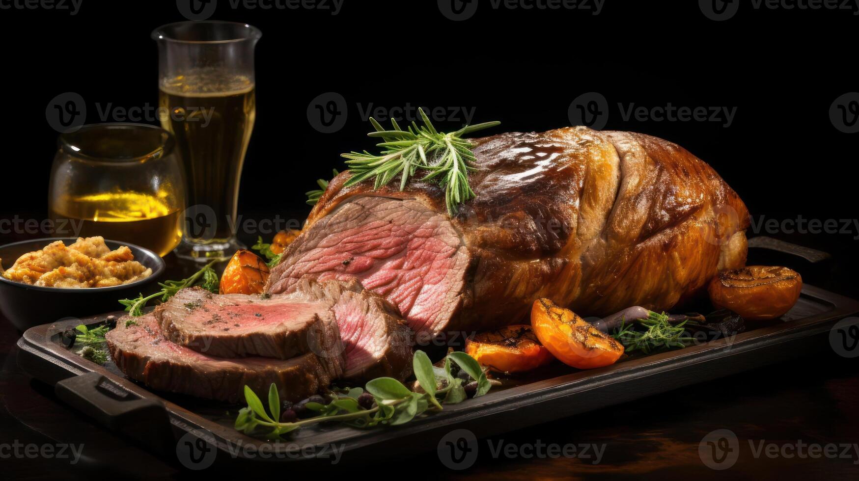 Roasted beef on a baking tray with herbs and vegetables photo