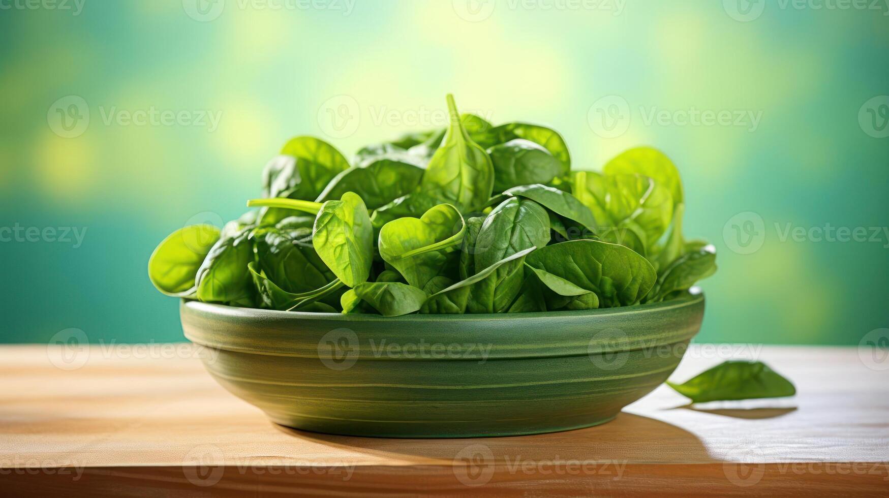 A bowl of fresh spinach leaves is displayed on a wooden table. photo