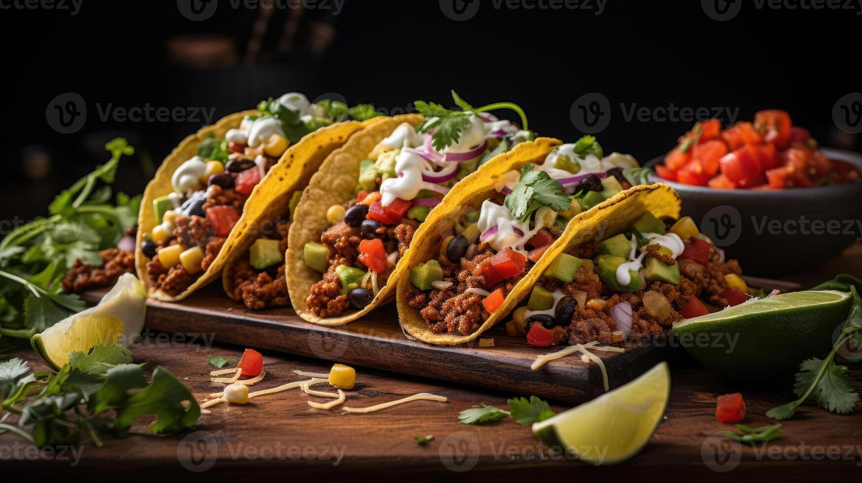 showcases a vibrant and appetizing arrangement of tacos on a wooden cutting board or table photo