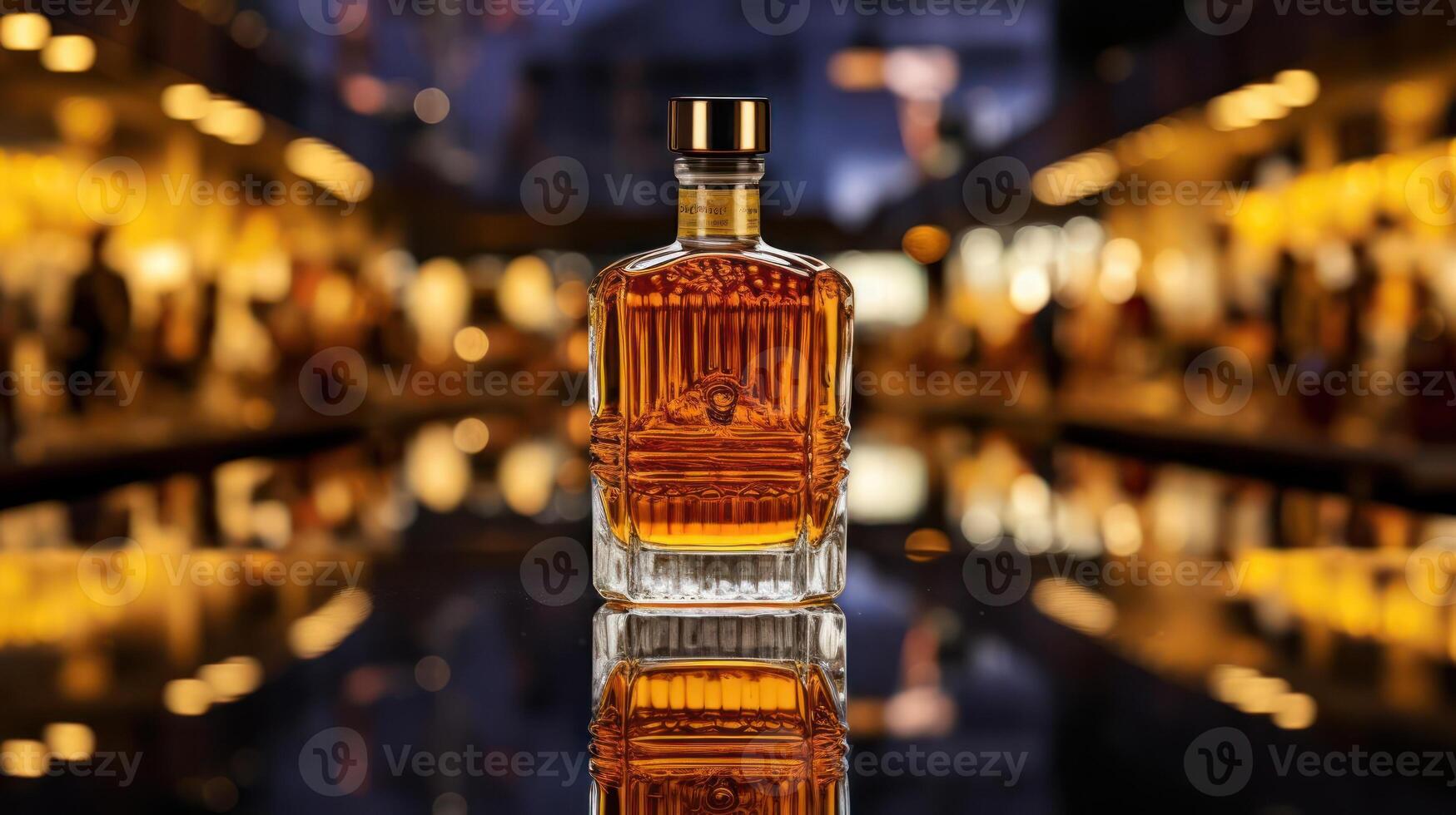 A bottle of whiskey on a reflective surface, likely in a bar or restaurant setting. photo