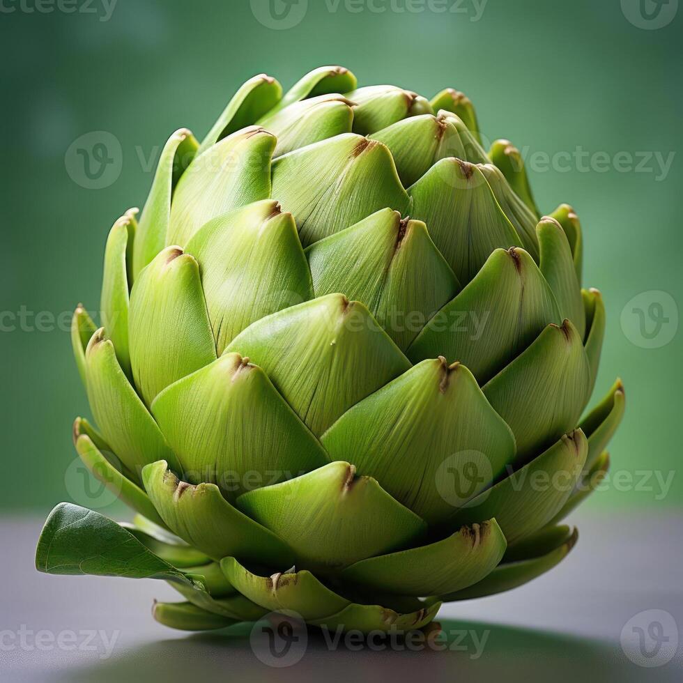 A close-up photograph of an artichoke with green leaves and a light brown stem photo
