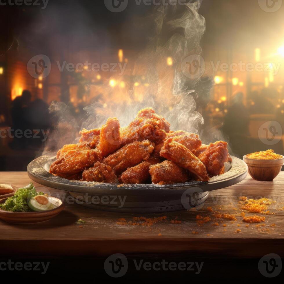 A large plate of crispy buffalo wings sits on a table, garnished with herbs and spices. photo