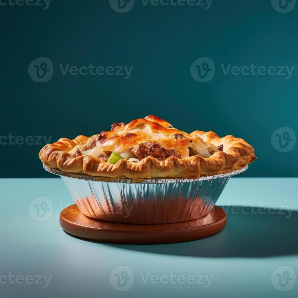 A baked pie with a crumbly crust and a filling of savory ingredients. photo