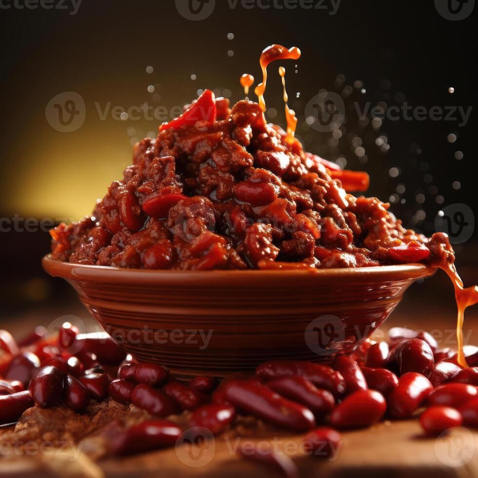 A bowl of chili con carne with beans and tomatoes photo