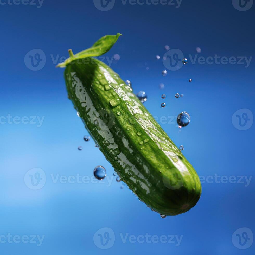 A close-up photograph of a cucumber with water droplets on it. photo