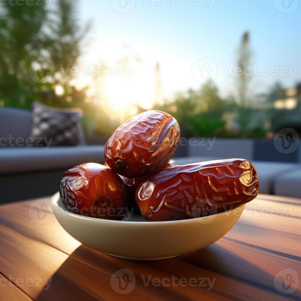 A bowl of dates on a wooden table. photo