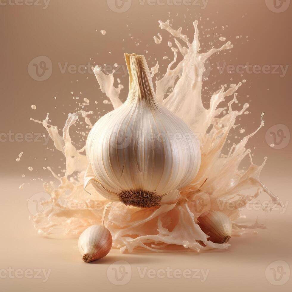 A large onion with three small onions around it and a splash of liquid behind it photo