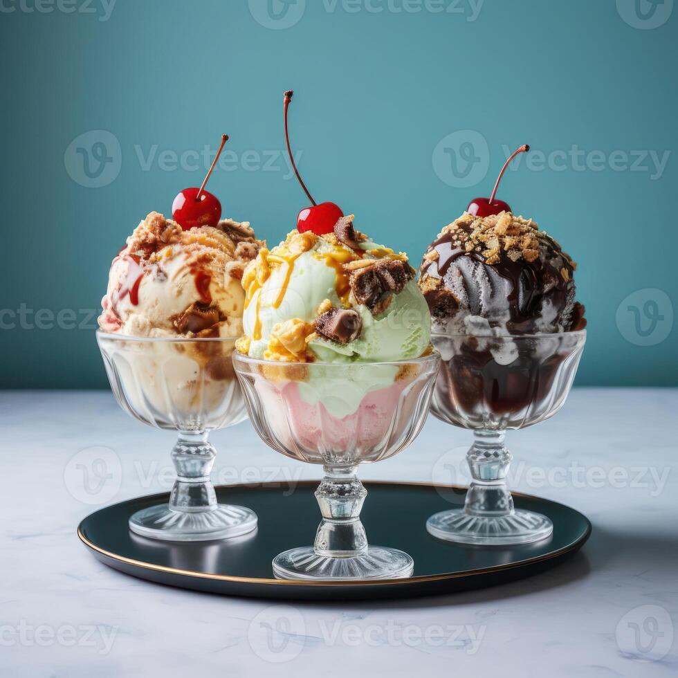 Three glasses of ice cream with cherries on top photo
