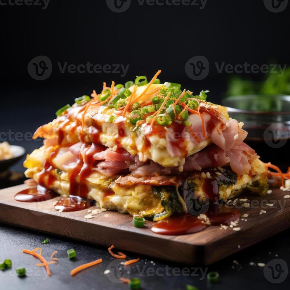 A Japanese-style omelette with a sweet and savory sauce, topped with thinly sliced green onions. photo