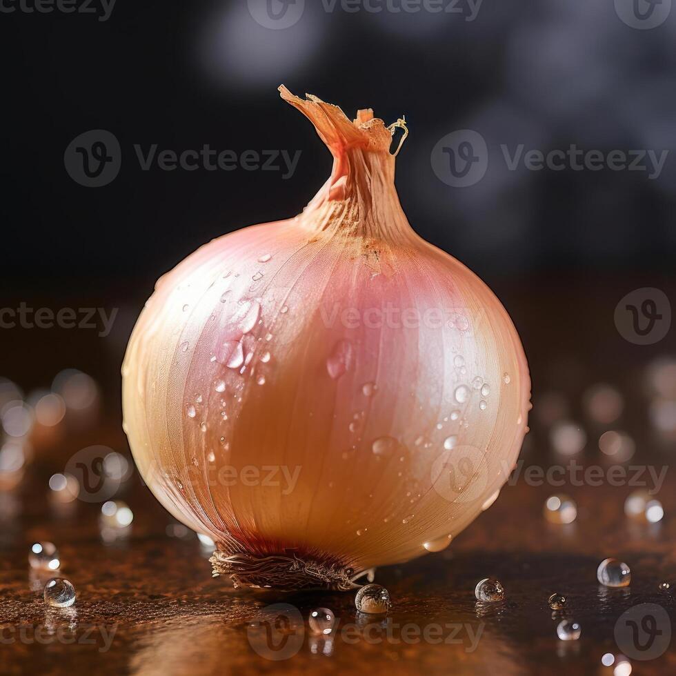 A close-up photograph of an onion with water droplets on it. photo