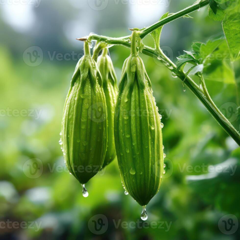 A close-up shot of two green chayote squash hanging from a vine, with water droplets on them. photo