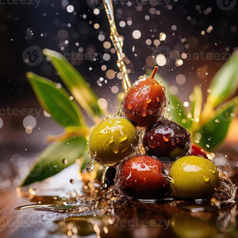 A close-up photograph of olive oil droplets falling onto a pile of olives, with a dark background and bokeh effect photo