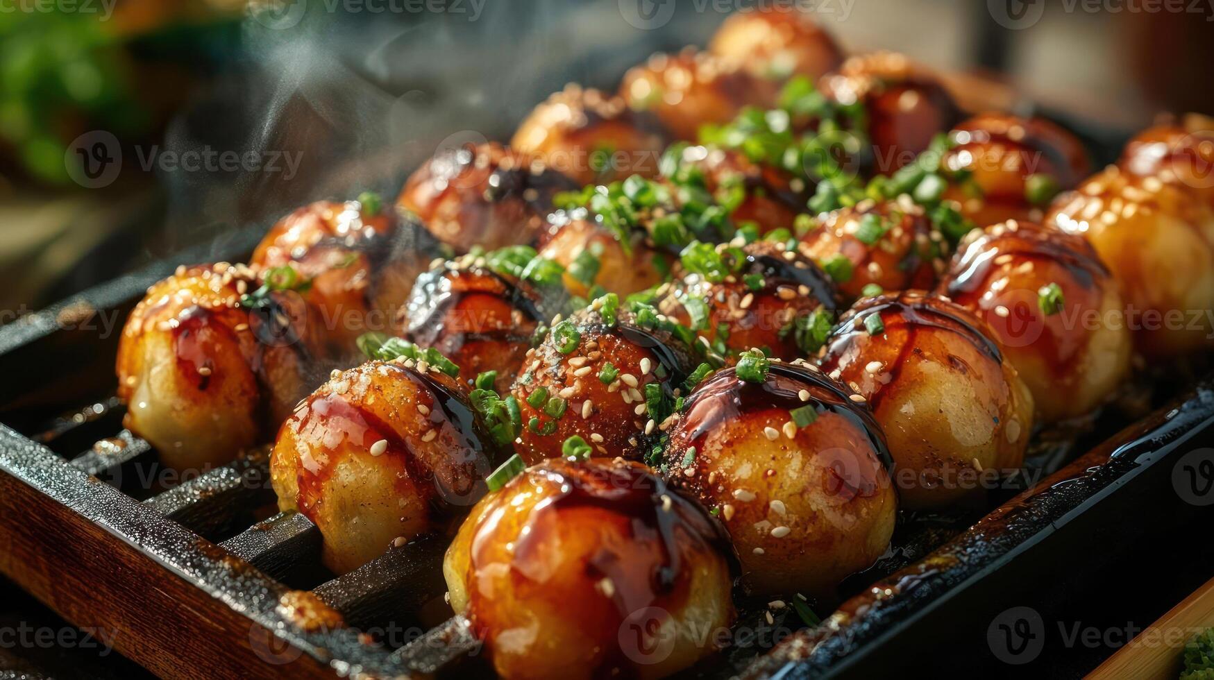 Takoyaki balls are Japanese octopus dumplings that have been cooked to perfection and glazed with a sweet soy sauce and topped with white sesame seeds. photo