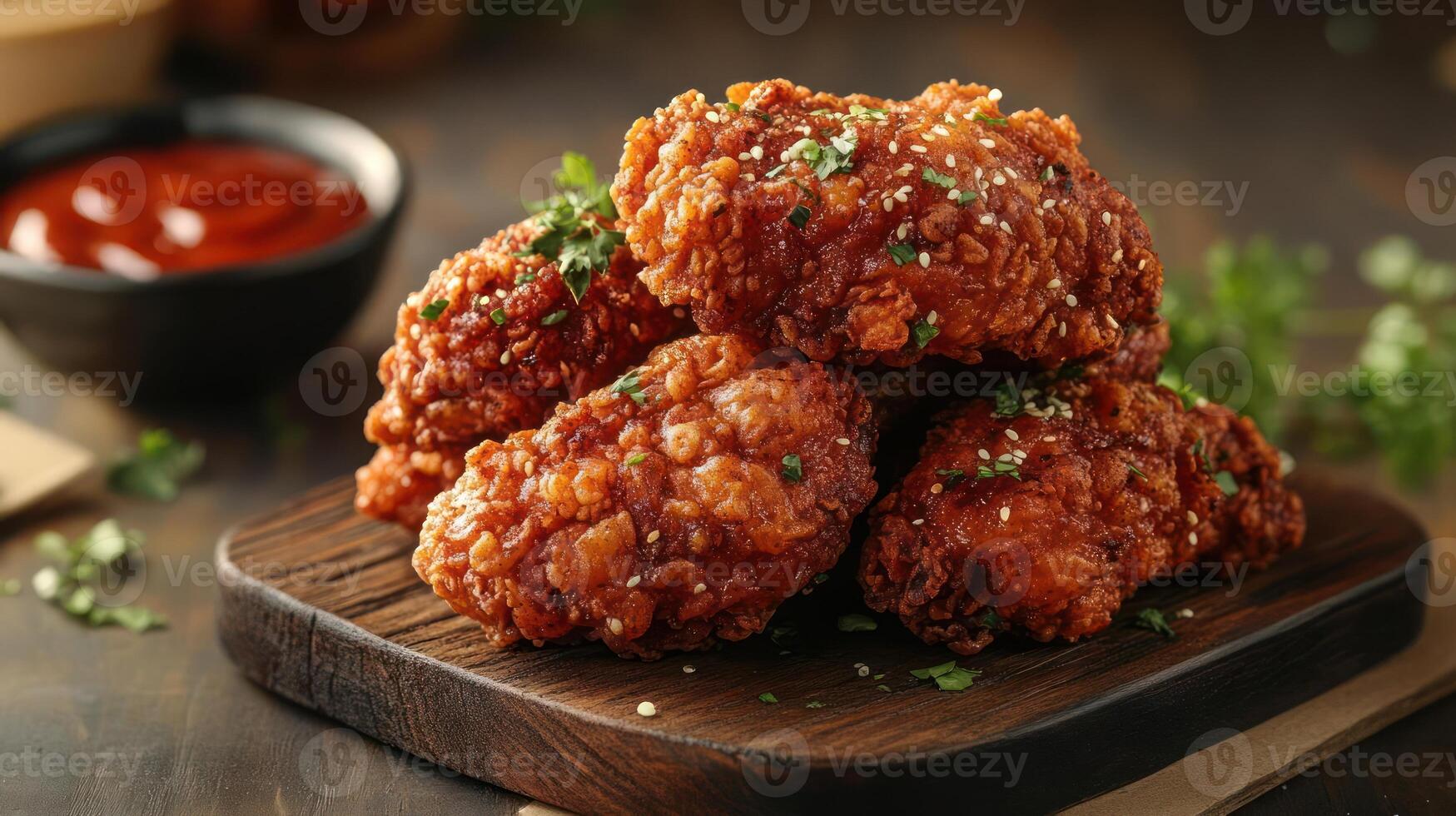A pile of fried chicken wings with a red sauce, garnished with sesame seeds and cilantro, on a wooden cutting board. photo