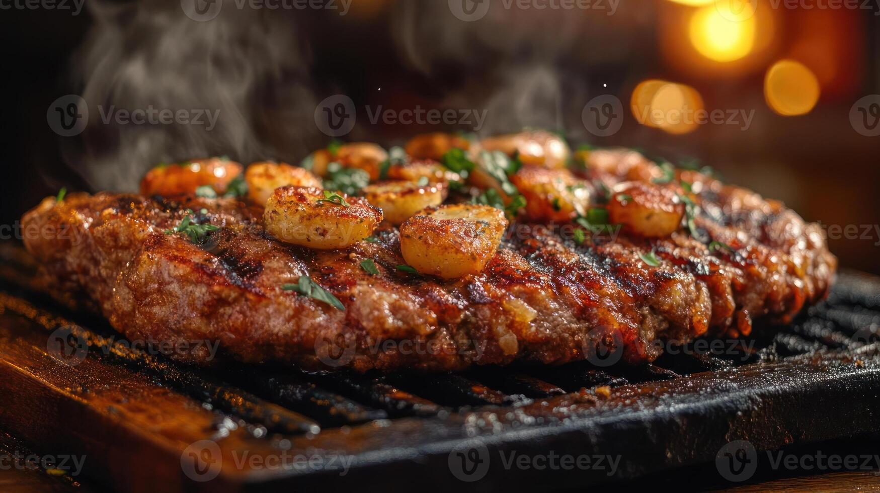 a photo of a steak and potatoes being grilled.