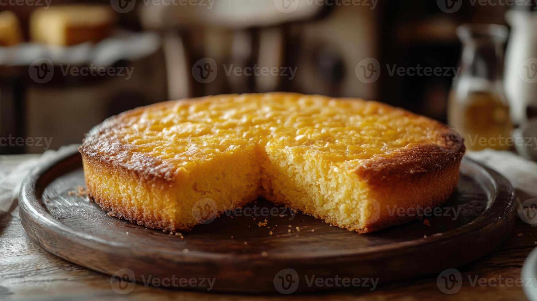 A round yellow cake with a slice missing, sitting on a table. photo