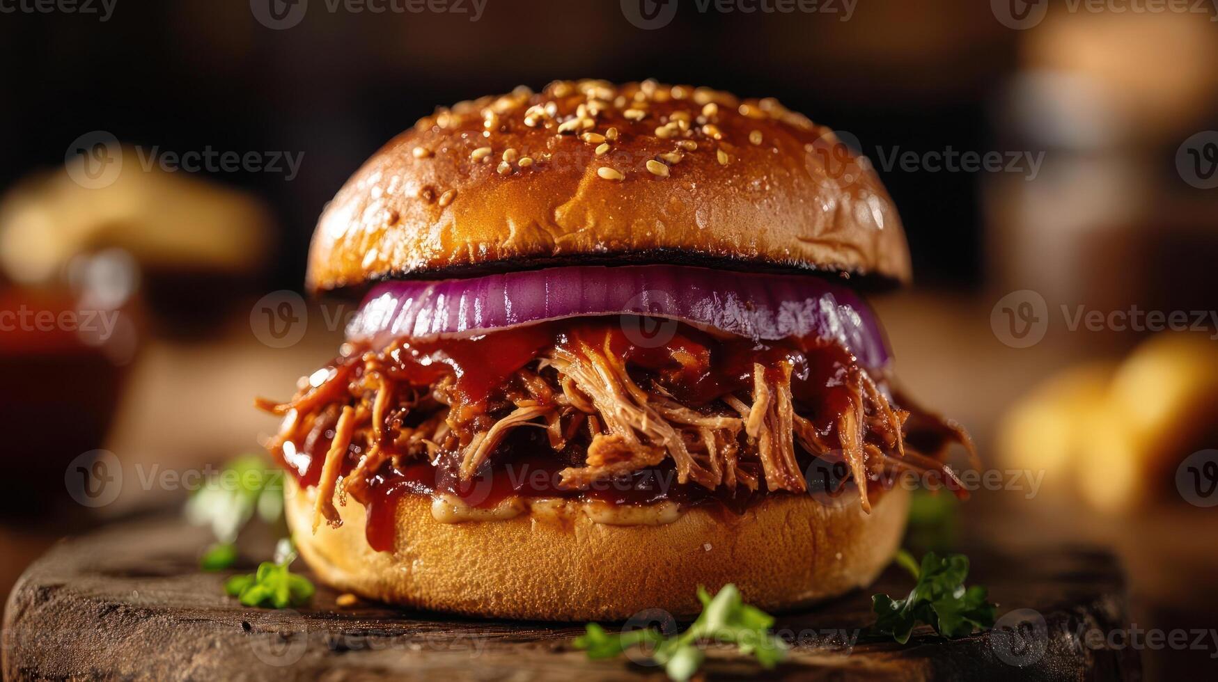 A pulled pork sandwich with barbecue sauce and red onion on a bun. photo
