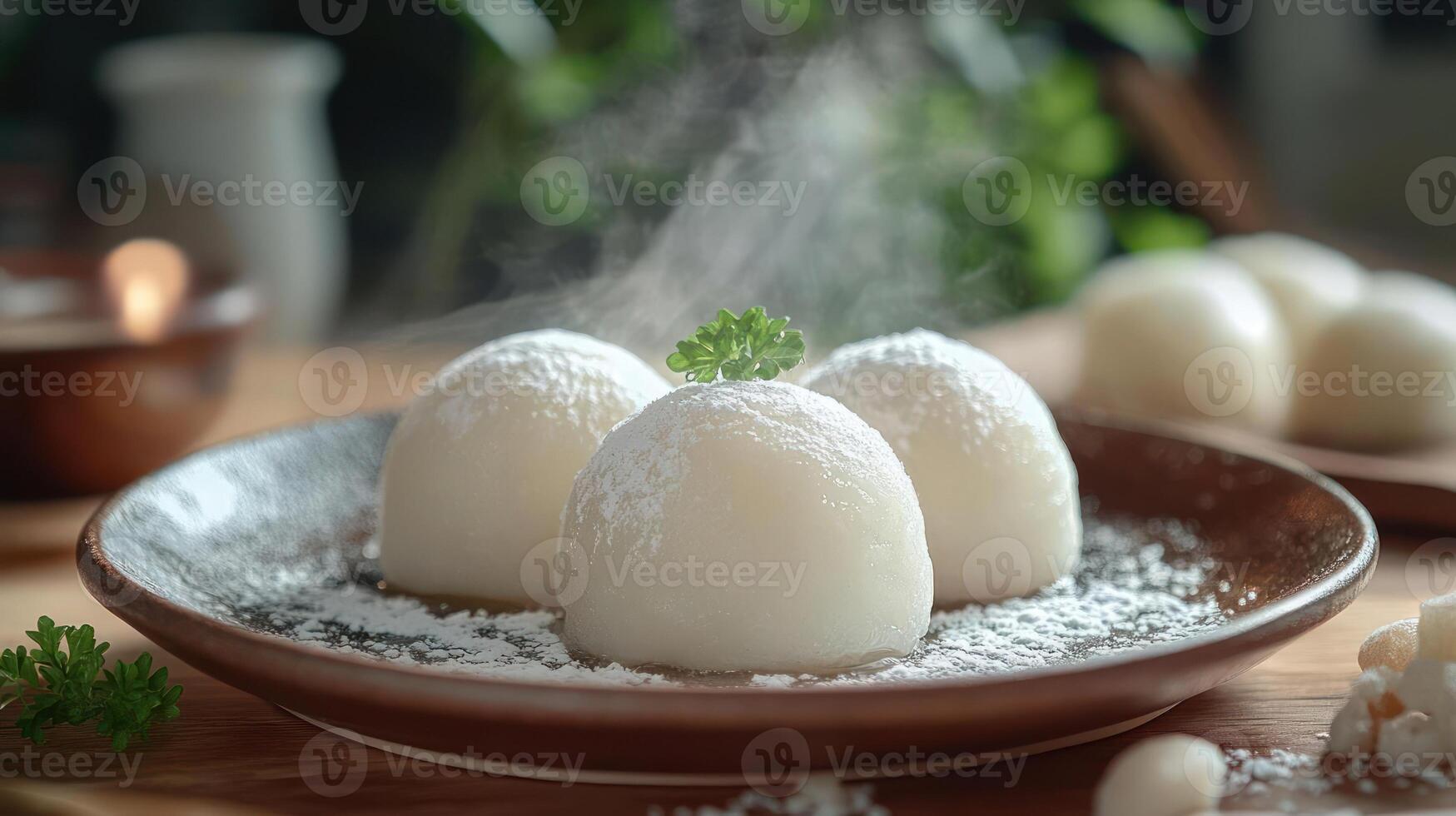 Mozzarella balls are presented on a plate, garnished with powdered sugar and parsley, creating a visually appealing dessert that combines traditional Italian flavors with modern presentation. photo