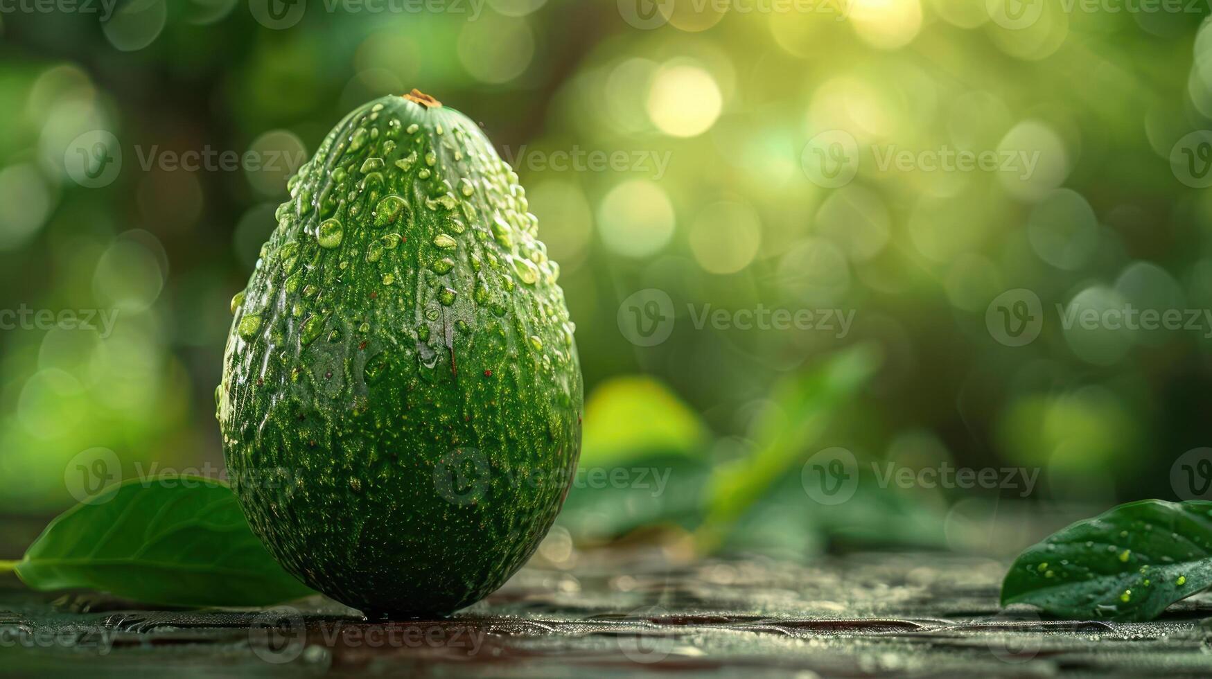 A green avocado with water droplets on it. photo