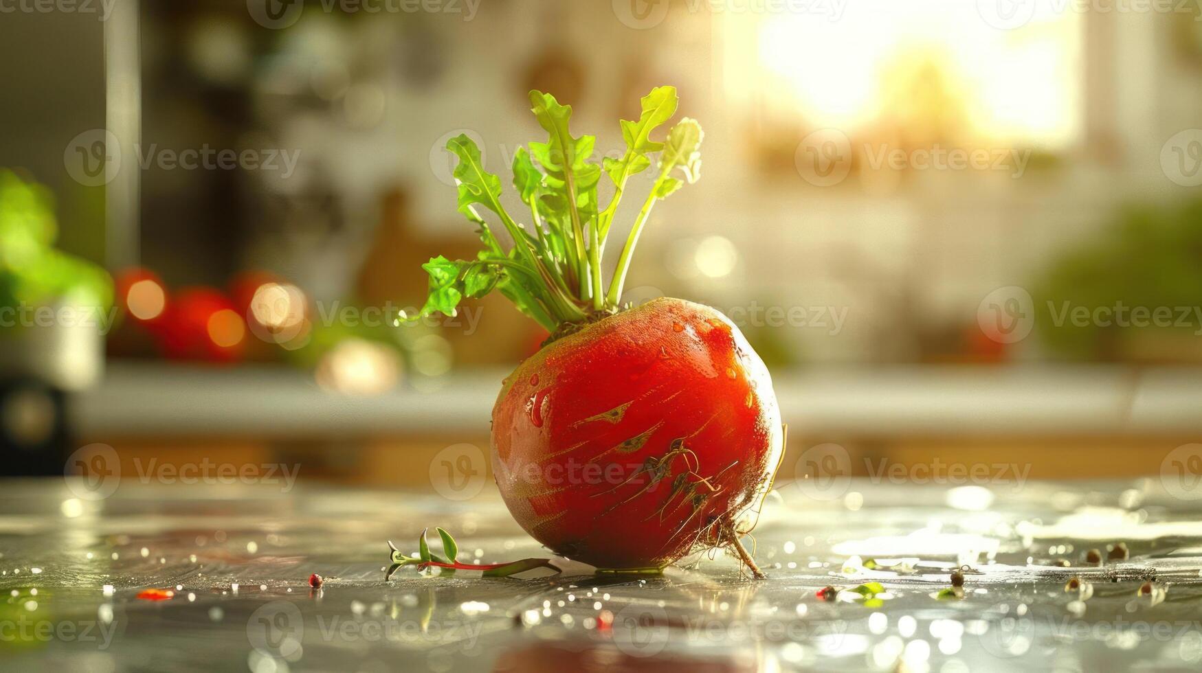 A vibrant red beetroot with green leaves protruding from its top sits on a reflective surface amidst a scattering of small green leaves and red seeds. photo