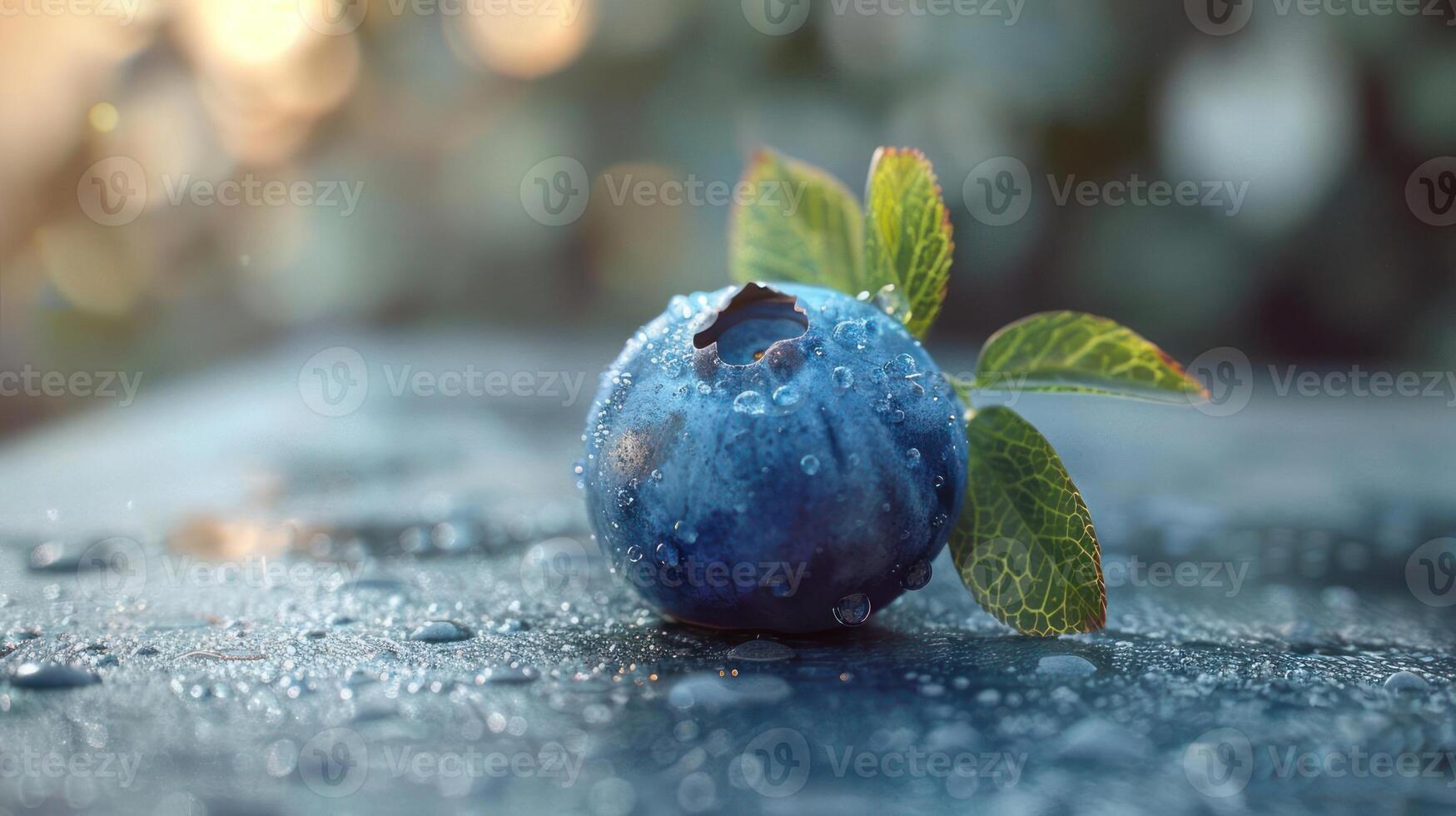 A blueberry with water droplets and leaves photo