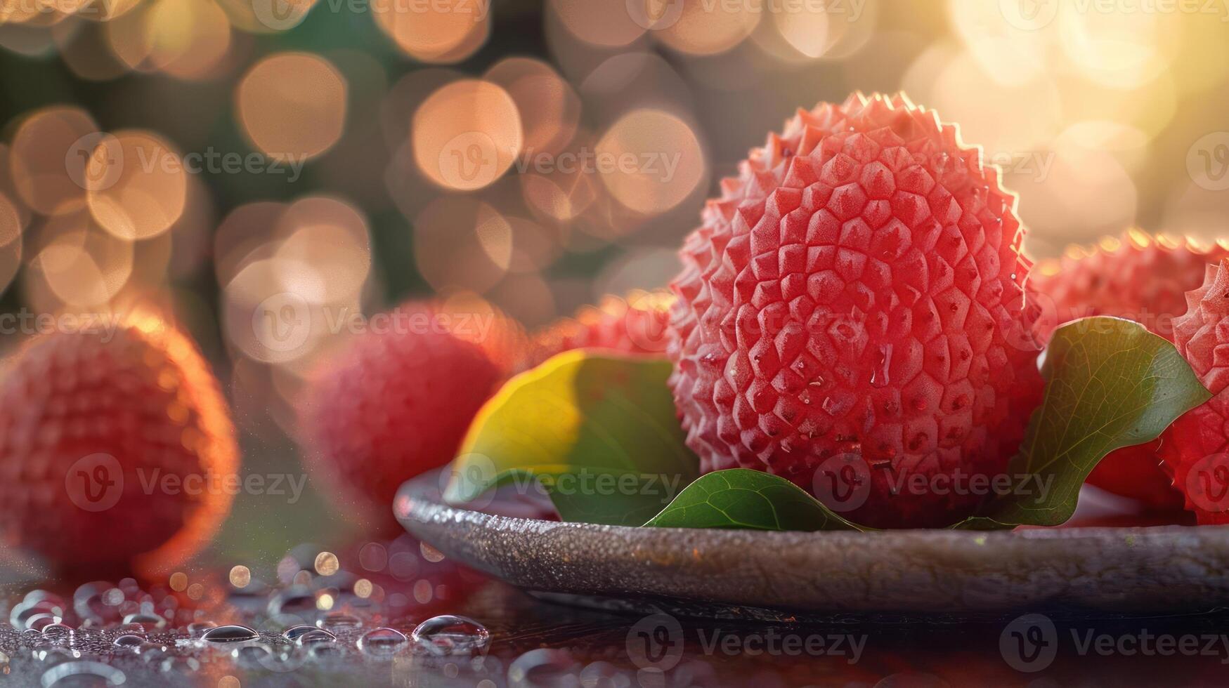 A photograph of ripe, juicy red raspberries arranged in a ceramic bowl on a table. photo