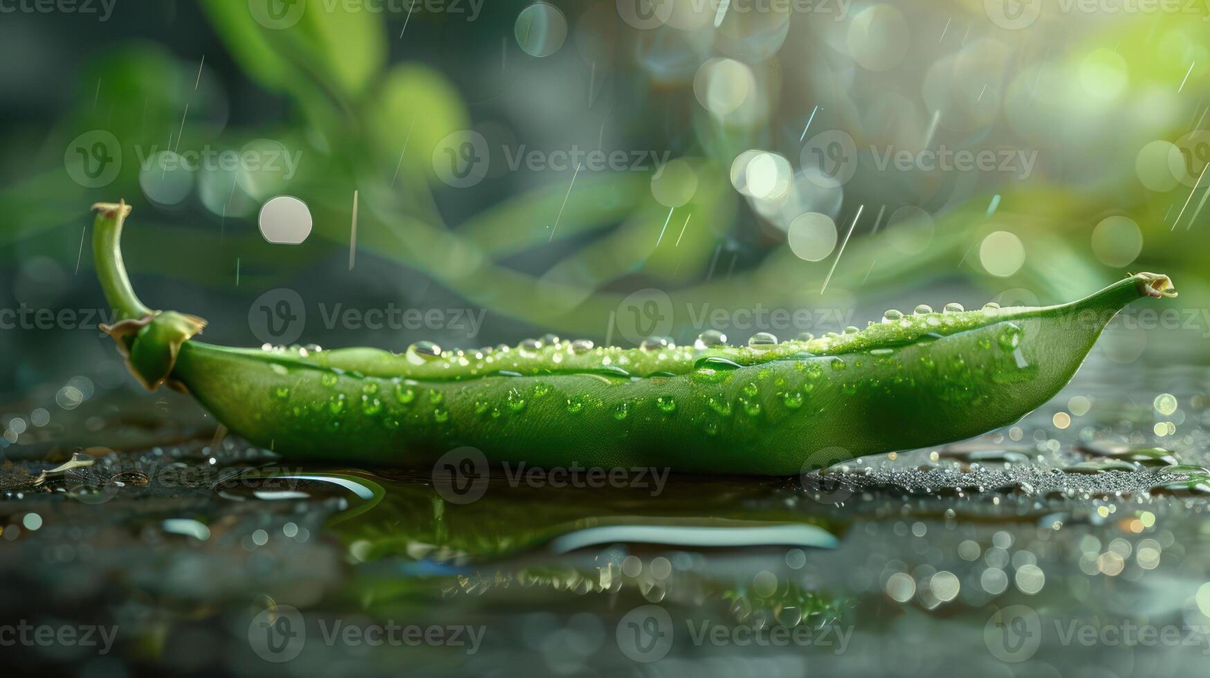 Two rain-soaked green pods resembling a boat, floating on water with droplets around. photo