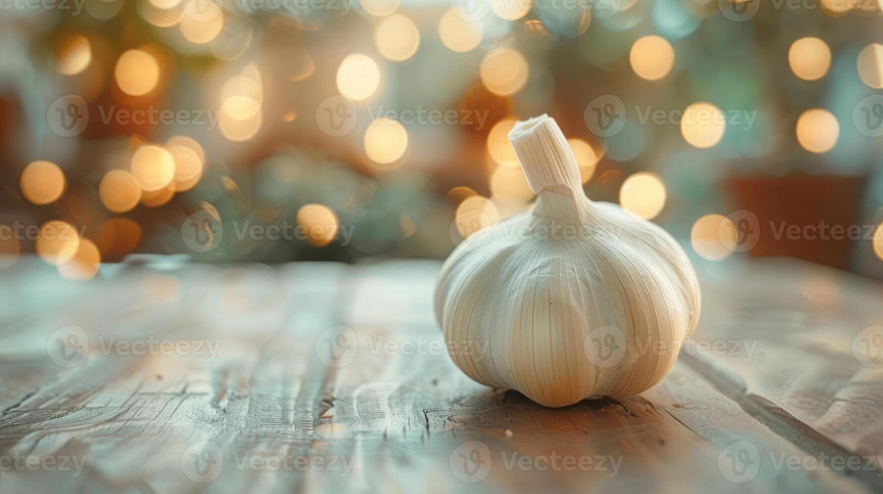 Closeup of whole garlic bulb resting on wooden surface with holiday lights glowing in background. photo