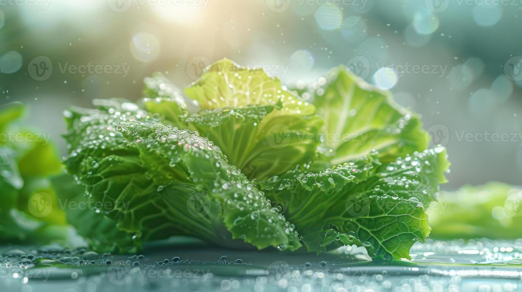Droplets of water on a bunch of fresh green herbs, possibly lettuce or similar leafy greens, photo