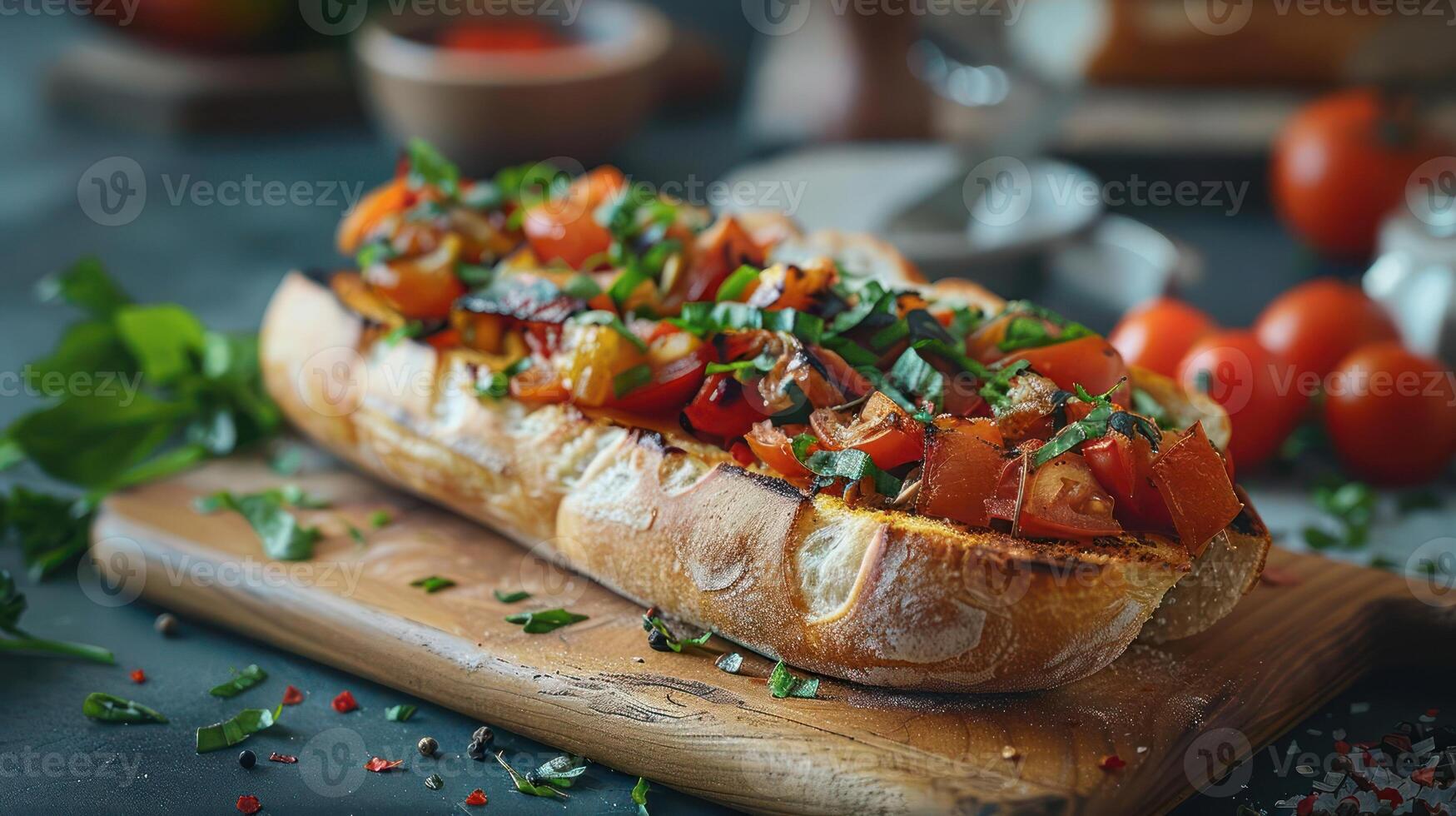 A long, crusty bread roll topped with roasted vegetables and herbs, sitting on a wooden cutting board. photo