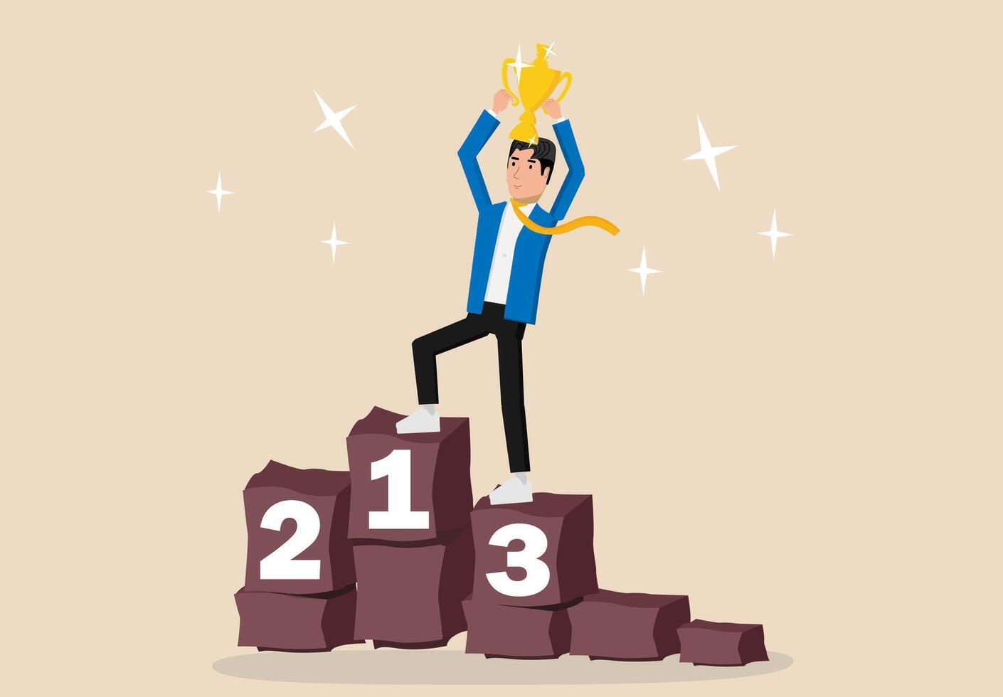 Victory concept with winner businessman holding golden trophy on podium vector