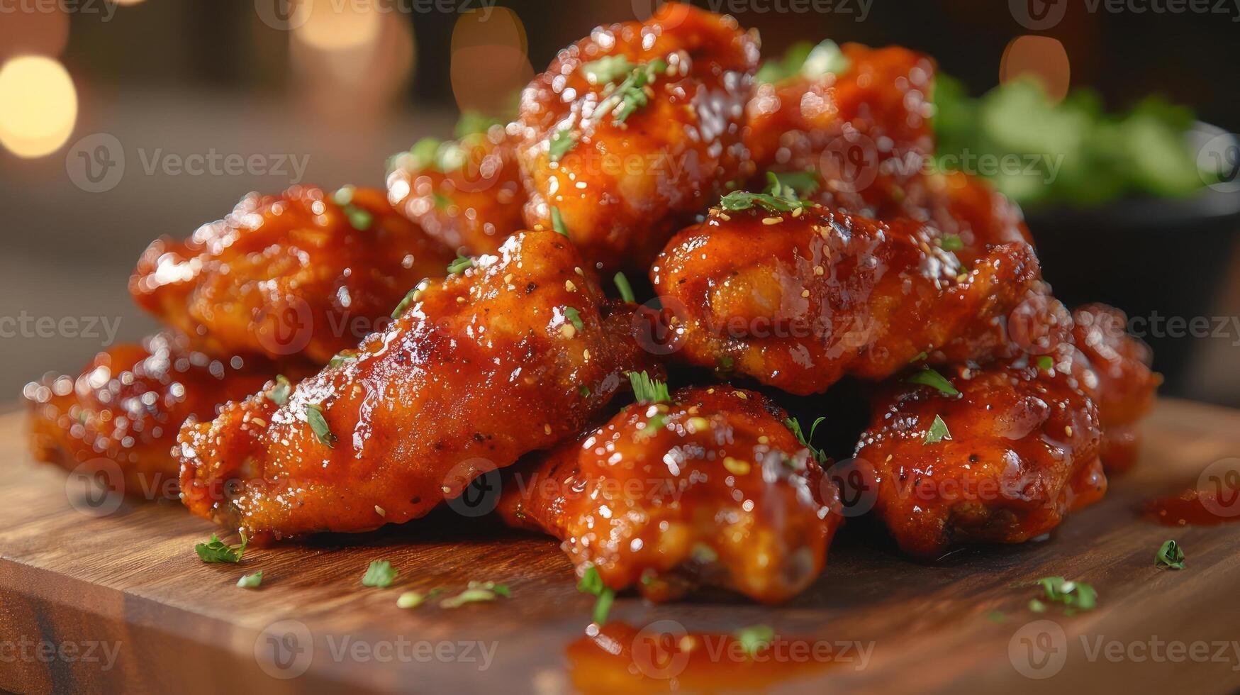 A plate of chicken wings glazed with a sweet and sticky sauce, garnished with sesame seeds and chopped green onions photo